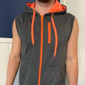 Sleeveless neon orange and grey hoodie